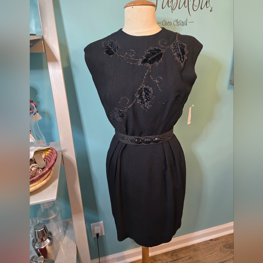 1960's Ricci Original Black Sheath Dress with Leaf Embroidery